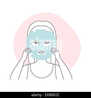 Mädchen, das Stoff Gesichtsmaske hält, um auf Gesichtshaut Linie Symbol Vektor-Illustration zu verwenden Stock Vektor