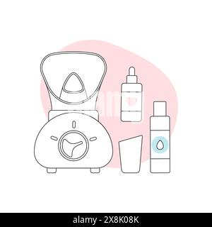 Kosmetik in Flaschen und Gesichtssaunaausrüstung für Dampfbad Spa Schönheitsprozedur Linie Icon Illustration Stock Vektor