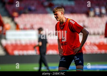 Fredrikstad, Norwegen, 25. Mai 2024. Tromsø Jens Hjertø-Dahl während des Aufwärmens vor dem Eliteserien-Spiel zwischen Fredrikstad und Tromsø im Fredrikstad-Stadion. Quelle: Frode Arnesen/Alamy Live News Stockfoto