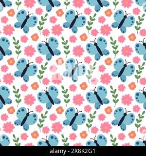 Niedliches und gemütliches nahtloses Muster mit Schmetterling, Zweigen und Blumen. Hintergrund der Kinder. Flora und Fauna im Frühling oder Sommer. Illustration der Vektorabwicklung. Stock Vektor