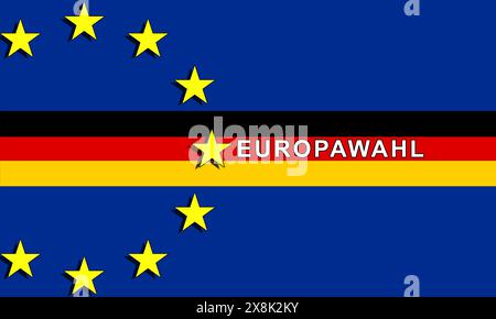 Europawahlen in Deutschland, grafische Abbildung mit Text in deutscher Flagge und EU-Symbolen. Eurozone, politische Wahlen, Cand Stockfoto