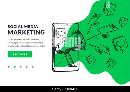 Lautsprecher- und Social-Media-Marketing-Symbole auf dem Smartphone-Bildschirm auf grünem abstraktem Hintergrund. Werbung, Marketing, Empfehlungsprogramm Stock Vektor