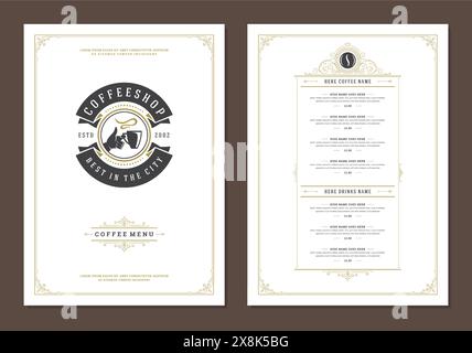 Design-Flyer für Kaffeemenü-Vorlagen für Bar oder Café mit Kaffeetasse-Symbol und typografischen Dekorationselementen im Retro-Stil. Vektorabbildung. Stock Vektor