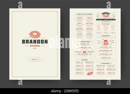 Pizza Restaurant Menü Layout Design Broschüre oder Lebensmittel Flyer Vorlage Vektor Illustration. Pizzeria-Logo mit typografischen Dekorationselementen im Vintage-Stil und Stock Vektor