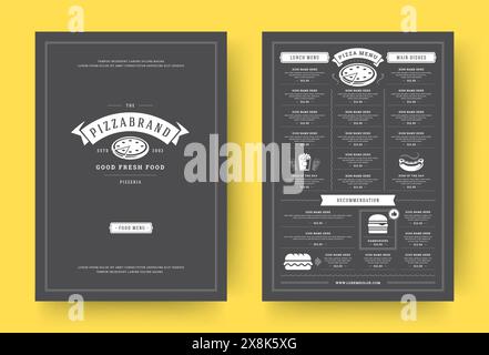 Pizza Restaurant Menü Layout Design Broschüre oder Lebensmittel Flyer Vorlage Vektor Illustration. Pizzeria-Logo mit typografischen Dekorationselementen im Vintage-Stil und Stock Vektor
