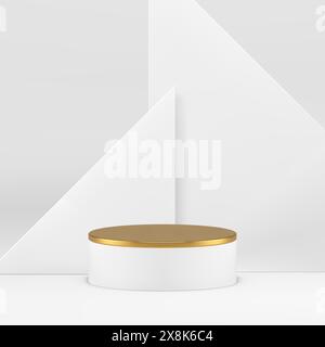 3D Podium Sockel goldener Zylinder Ständer mit Dreieck Wand Hintergrund realistische Vektor Illustration. Luxuriöser eleganter Werberaum mit geometrischem Design Stock Vektor