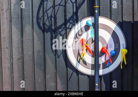 Nahaufnahme einer Dartscheibe mit bunten Stoffpfeilen, die bei hellem Sonnenlicht auf einem Holzzaun montiert sind. Stockfoto