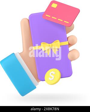 Cashback Geschenk und Münze Bargeld in der menschlichen Hand Preis für die Zahlung Karte 3D Symbol realistische Vektor Illustration. Finanzielle Belohnung und Präsenzguaran Stock Vektor