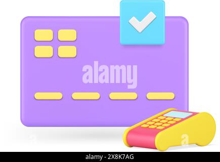 Kreditkarte Debitkarte erfolgreiche Zahlung POS-Terminal Finanztransaktion abgeschlossen 3D-Symbol realistische Vektor-Illustration. Geld ausgeben Shopping-Kontakt Stock Vektor