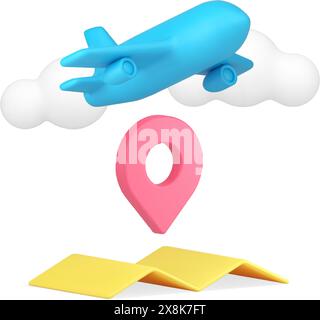 Reisebuchung Reisebüro Service Flugzeug Ziel mit Karte Pin GPS Position 3D Symbol realistische Vektor Illustration. Internationaler Passagierflugplatz Stock Vektor