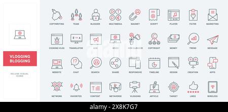 Erstellung von Videos und artikeln, responsives Design der Benutzeroberfläche für Blog-Inhalte, Urheberrechtsschutz, um Geld-Linien-Symbole festzulegen. Internet-Trends dünne schwarze und rote Umrisssymbole Vektorillustration Stock Vektor