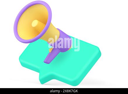 Social Media Marketing Werbung kündigt Megaphon und Sprechblase 3D-Symbol realistische Vektorillustration an. Öffentliche Werbekampagne e Stock Vektor