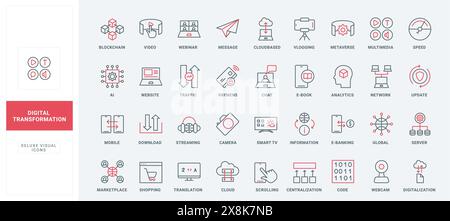 Digitale Daten- und KI-Dienste, intelligente Lösung für Software Engineering und Symbole für Entwicklungslinien. Globaler Austausch von Informationen und Änderung dünner schwarzer und roter Umrisssymbole Vektorillustration Stock Vektor
