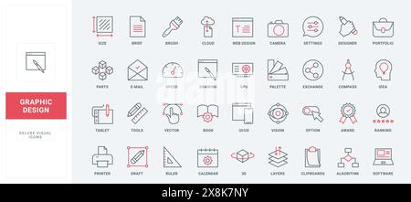 Kreatives Grafikdesign, Zeilensymbole für digitale Projekterstellung. Optionen und Einstellungen, Werkzeuge zur Bearbeitung von Cloud-Programmen zur Anpassung von Bildverarbeitung dünne schwarze und rote Umrisssymbole Vektorillustration Stock Vektor