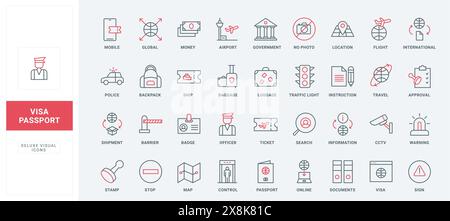 Reisepass und Personalausweis, Geschäfts- und Touristenvisum, gesetzliche Identifikation in der Landeslinie Symbole gesetzt. Dokumente mit Informationen und Foto, stempeln dünne schwarze und rote Umrisssymbole Vektorillustration Stock Vektor
