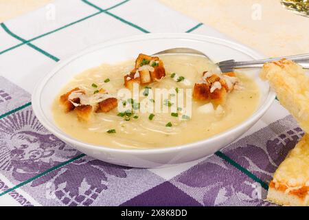 Badische Küche, Süddeutsche Küche, badische Zwiebelsuppe mit Crackern, Croutons, frittierte Brotstücke, herzhaft, typisch badisch, Suppenteller Stockfoto