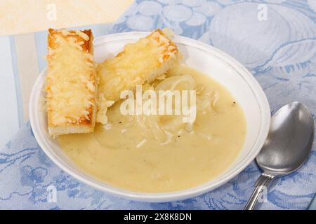 Badische Küche, Süddeutsche Küche, badische Zwiebelsuppe, herzhaft, typisch badische Küche, Suppenteller, Löffel, Sahne, Sahne, Brotstücke mit Käse Stockfoto