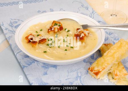 Badische Küche, Süddeutsche Küche, badische Zwiebelsuppe mit Crackern, Croutons, frittierte Brotstücke, herzhaft, typisch badisch, Suppenteller Stockfoto