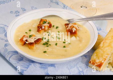 Badische Küche, Süddeutsche Küche, badische Zwiebelsuppe mit Crackern, Croutons, frittierte Brotstücke, herzhaft, typisch badisch, Suppenteller Stockfoto