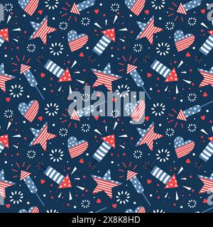 Leuchtendes, nahtloses Muster für den 4. Juli. Hanndraw Vektor-Design mit amerikanischer Flagge, Sternen, Feuerwerk. Stock Vektor