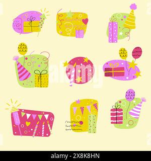 Bunte Partyaufkleber. Handgezeichnetes Vektordesign mit Kritzelhüten, Geschenkboxen, Flaggen, Feuerwerk, Sternen und Ballons. Stock Vektor