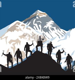 Silhouette von sieben Kletterern mit Eisaxt in der Hand auf der Mount Everest Silhouette, Berg Vektor Illustration Logo Stock Vektor