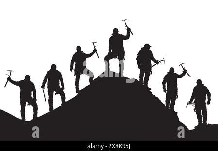 Silhouette von sieben Bergsteigern mit Eispickel in der Hand auf der Silhouette des Mount Everest, schwarz-weißes Berg-Vektor-Illustration-Logo Stock Vektor