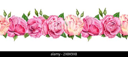 Nahtloser Rand mit rosafarbenen Rosen. Blumen mit Blättern endloses Banner. Handgezeichnete Aquarellillustration isoliert auf weißem Hintergrund. Blumenband Stockfoto