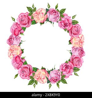 Pinkfarbene Rosenkranzkomposition. Blumen mit Blättern, runder Kopierraum-Rahmen. Handgezeichnete Aquarellillustration isoliert auf weißem Hintergrund. Blumenmuster Stockfoto