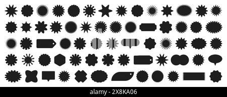Starburst-Abzeichen oder Werbeschriftungen. Schwarze, gewellte Randaufkleber im Retro-Look, Preisverkaufsmarken, Discount- oder Sonderangebot-Design-Embleme. Leere Vintage-Sale-Sternenbeschreibungen oder Sonnenfeldsymbole. Stock Vektor