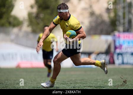 Villajoyosa, Spanien. Mai 2024. Schweden und Litauen treffen sich in einem Rugby-Spiel beim 37. Costa Blanca Rugby Sevens Turnier am Sonntag, 26. Mai 2024. Sport - Rugby. (Foto: Alejandro van Schermbeek/AVS Fotobericht) Stockfoto