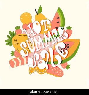 Heißes Sommerangebot Banner mit Sommerfrüchten und Desserts im Hintergrund. Handgezeichnetes Vektorkonturdesign Stock Vektor