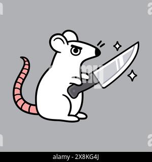 Lustige weiße Ratte mit einem Messer. Comic-Humor-Vektor-Illustration. Stock Vektor
