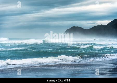 Moody Sea mit brechender Welle an der Küste im Westen von Auckland in Neuseeland Stockfoto