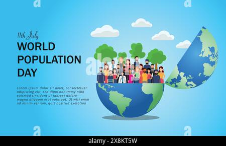 Flache Vektor-Illustration des Weltbevölkerungstages mit Weltkarte, Erde und Gruppe von bunten verschiedenen Menschen Stock Vektor