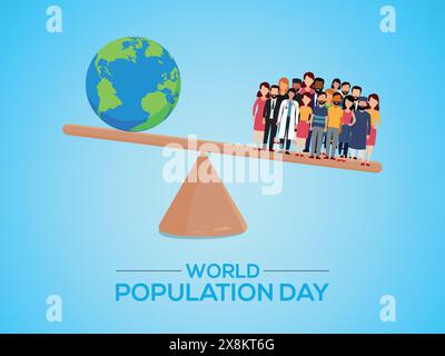 Über Populationsvektor-Illustration mit Globus, Erde und Gruppe von bunten Menschen - Weltbevölkerungstag Stock Vektor