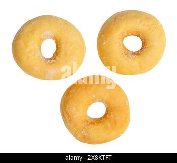 Draufsicht Set von Zucker glasierten braunen Zimt Donuts Streuung ist isoliert auf weißem Hintergrund mit Beschneidungspfad. Stockfoto