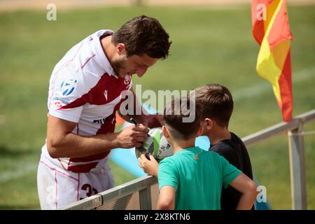 Villajoyosa, Spanien. Mai 2024. Litauen und Georgien treffen sich in einem Rugby-Spiel beim 37. Costa Blanca Rugby Sevens Turnier am Sonntag, 26. Mai 2024. Sport - Rugby. (Quelle: Alejandro van Schermbeek/Alamy Live News Stockfoto