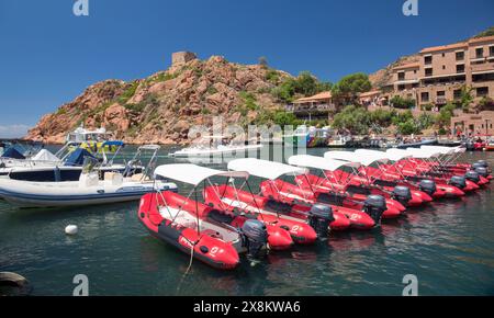 Porto, Corse-du-Sud, Korsika, Frankreich. Blick über den Fluss Porto zum genuesischen Wachturm aus dem 16. Jahrhundert, farbenfrohe Schlauchboote im Vordergrund. Stockfoto