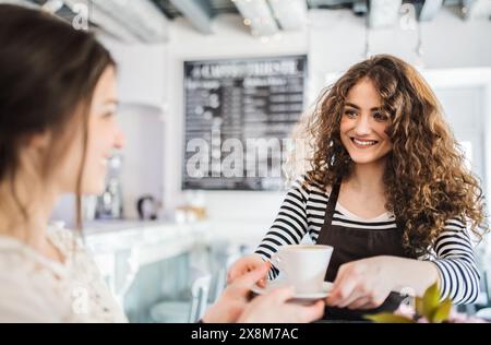 Schöne Barista, die im Café arbeitet und weiblichen Gästen Kaffee serviert. Universitätsstudentin arbeitet Teilzeit im Café. Stockfoto