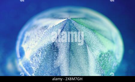 Hochglanztinte. Glänzender Edelstein. Farbfluss. Defokussierte blaue Farbe Luxus Kristall Brillanz strahlende Flüssigkeit Tropf Schimmer Licht Flüssigkeit abstrakte Kunst Hintergrund. Stockfoto