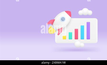 Geschäftserfolg Gewinn Finanzwachstum effizientes Management 3D-Symbol realistische Vektorillustration. Starten Sie den Start der Rakete, um die Entwicklungsstrategie zu analysieren Stock Vektor
