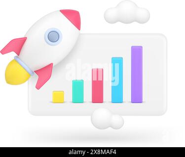 Geschäftserfolg Gewinn Finanzwachstum effizientes Management 3D-Symbol realistische Vektorillustration. Starten Sie den Start der Rakete, um die Entwicklungsstrategie zu analysieren Stock Vektor