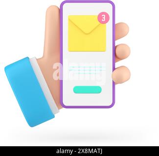 Newsletter eingehende Nachricht E-Mail E-Mail Benachrichtigung Smartphone-Anwendung 3D-Symbol realistische Vektorillustration. Handheld-Handy-Pho für Männer Stock Vektor