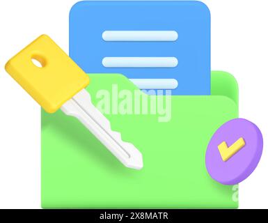 Dokumentdaten Informationen Ordner Schlüssel Schlüssel Kennwortschutz Kennwortschutz 3D-Symbol realistische Vektordarstellung. Wichtigste Entscheidung wichtige Info-Daten Stock Vektor