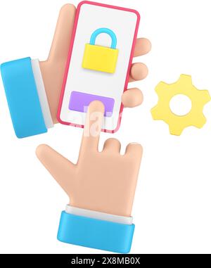 Smartphone-Schutz sperrt Sicherheitsdiensteinstellungen mit Geschäftsmannhänden 3D-Symbol realistische Vektorillustration. Persönliche Daten des Mobiltelefonbenutzers sa Stock Vektor