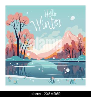 Konzeptposter Winterlandschaft mit schneebedeckten Hügeln und ruhigem See. Illustration des flachen Vektors im Querformat Stock Vektor