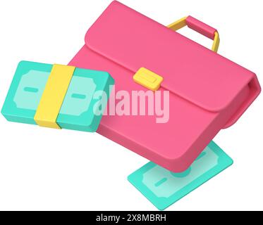 Geschäftsgewinn Vermögensgewinne Bargeld Dollar Aktenkoffer 3D Symbol realistische Vektor-Illustration. Effiziente Arbeitsproduktivität Arbeit führt zu finanziellen Einsparungen Stock Vektor