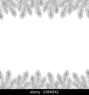 Tannenzweige nahtlose Grenzlinien, isoliert auf weißen, Fichtenzweigen. Handgezeichnete Weihnachtspflanze. Kritzelnde Winterdekoration. Art Therapy Coloring Seite Vektor-Illustration Stock Vektor