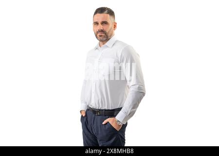 Professioneller Mann in weißem Hemd und blauer Hose auf weiß Stockfoto